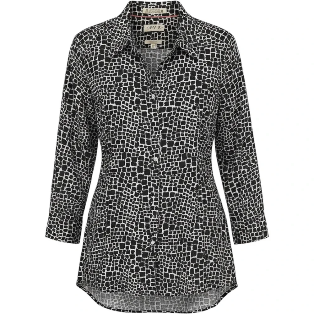 Orvis Shirt Women 16 Black White Geometric Wrinkle Free Cotton Button Down